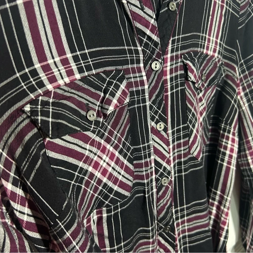 Bass Women’s plaid button up belted Shirt Dress Size Medium Black White Burgundy